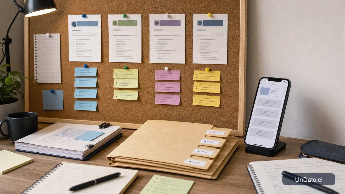 Tablero de corcho con tarjetas de cargos, etiquetas de habilidades, un celular con una vacante y carpetas con versiones de currículum en PDF