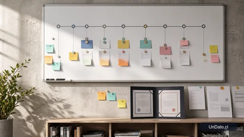 Pizarra con una línea de tiempo profesional, certificados y notas adhesivas que representan un reingreso laboral ordenado.