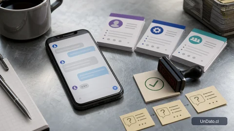 Interfaz de chat laboral con tarjetas de competencias y un flujo de preguntas breves sobre una superficie metálica.