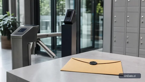 Entrada de oficina con lector de credencial, torniquete, casillero metálico y un sobre sellado que representa verificación de identidad.