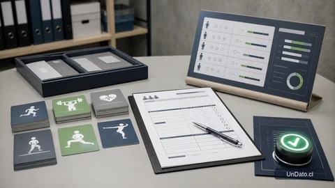 Mesa con tarjetas de competencias, pauta de entrevista, resultados de evaluación y un sello de verificación digital.