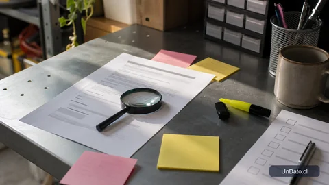 Hoja de vacante impresa con lupa, notas adhesivas, marcador y una lista de verificación para adaptar una postulación con ayuda de IA.