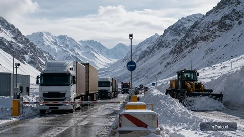 Camiones de carga avanzando por una ruta de alta montaña con controles viales y maquinaria despejando nieve, representando el retorno parcial del flujo logístico.