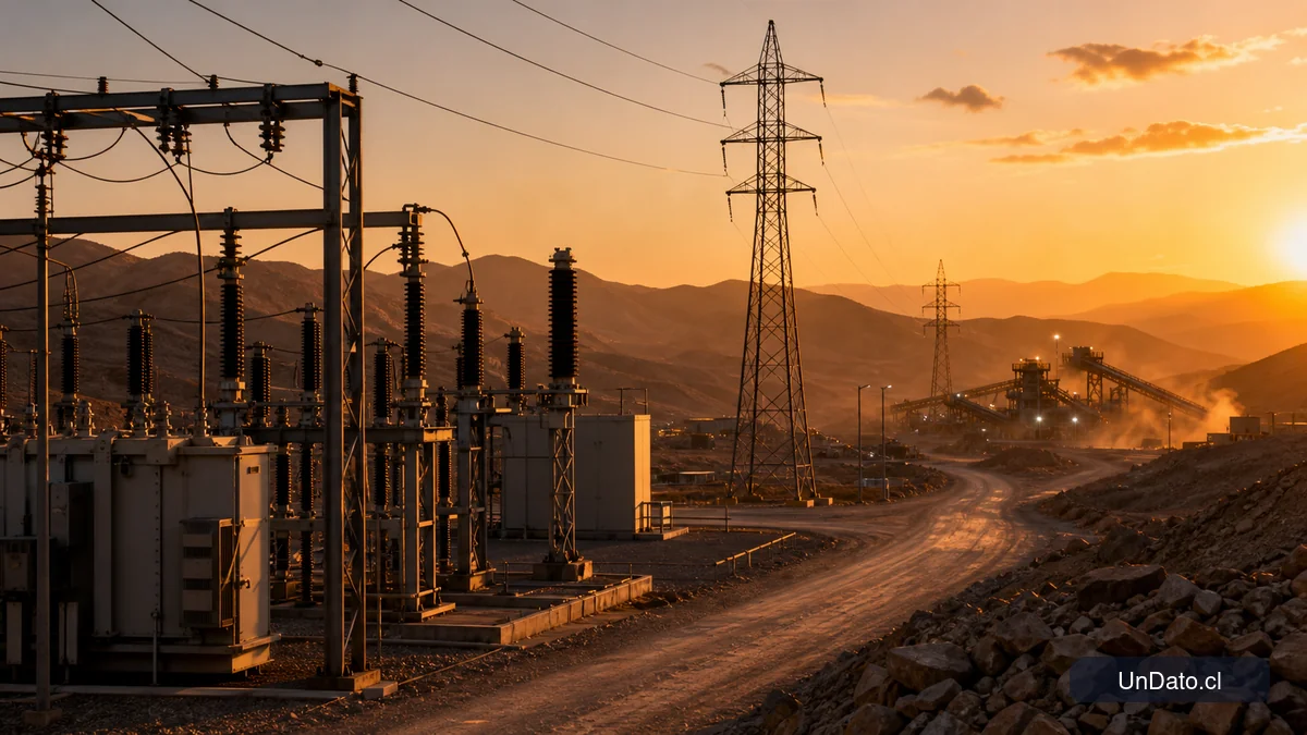 Subestación eléctrica en el desierto con torres de alta tensión y una carretera de servicio cerca de una faena minera.