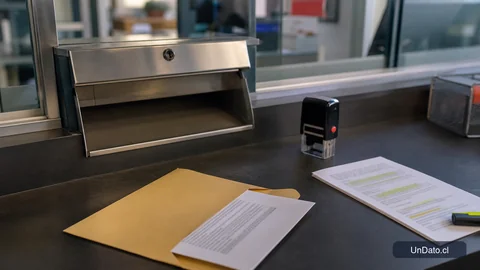 Un sobre abierto con una carta de postulación, una hoja resaltada y un buzón metálico en un punto de recepción laboral.