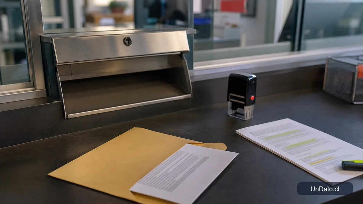 Un sobre abierto con una carta de postulación, una hoja resaltada y un buzón metálico en un punto de recepción laboral.
