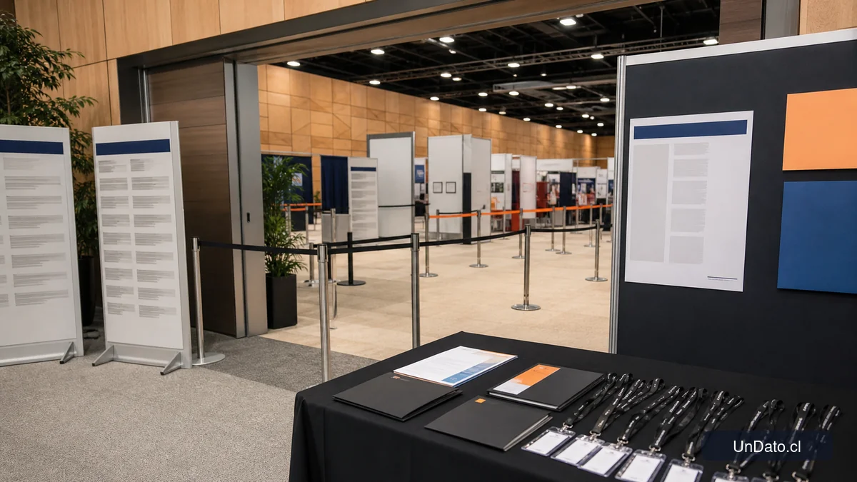 Acceso a una feria laboral con mesa de acreditación, credenciales, paneles informativos y señales de vacantes.