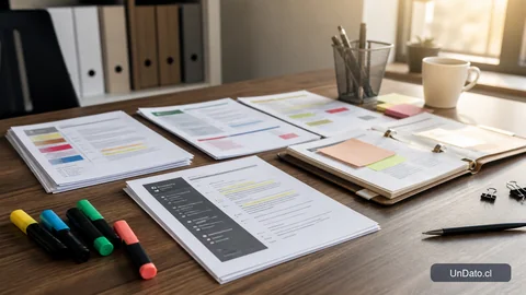 Mesa de revisión con currículums impresos, marcadores de color, una lista de requisitos y documentos ordenados para preparar una postulación.