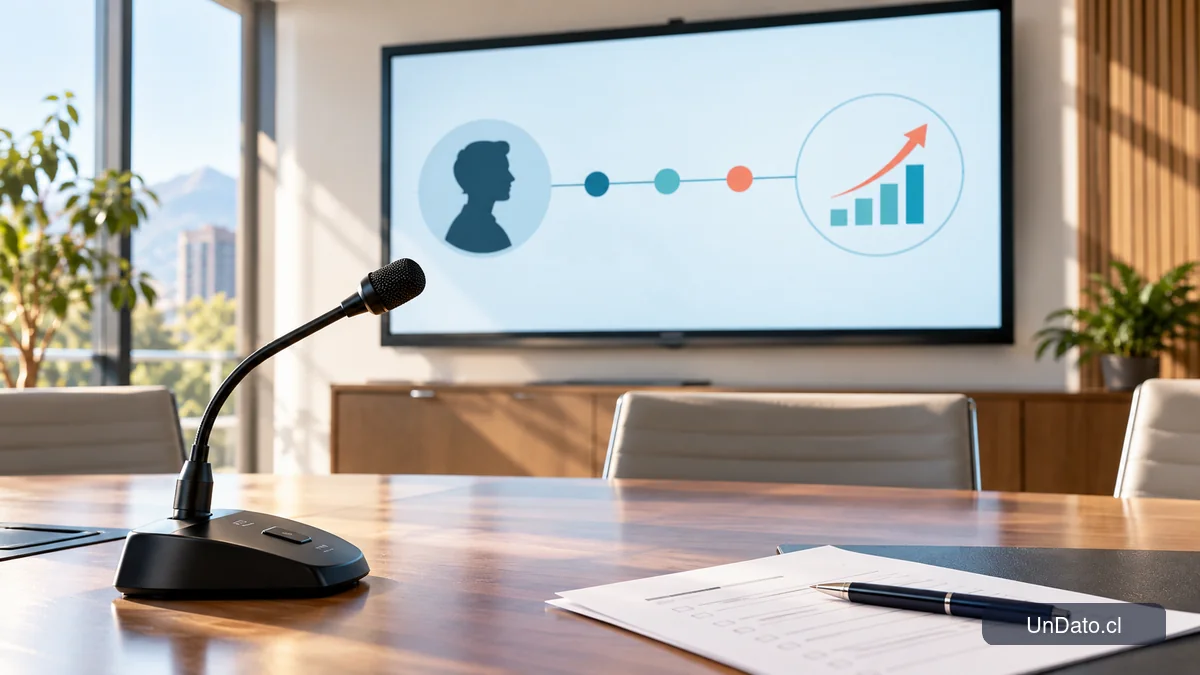 Micrófono de sala de reuniones frente a una pantalla con tres bloques conectados sobre perfil, experiencia y aporte laboral