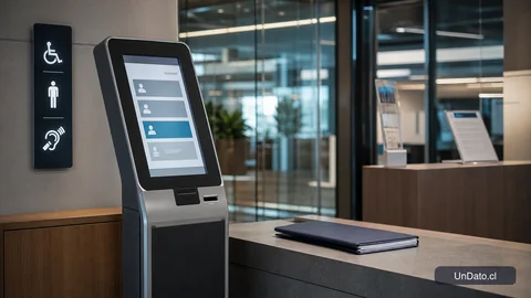 Un tótem de postulación digital con una pantalla de selección automatizada, señalética de accesibilidad y una carpeta de proceso en un entorno corporativo sobrio.