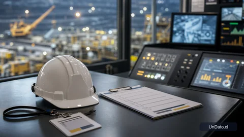 Casco, credencial y documentos de control sobre una mesa en una sala de operaciones minera, representando seguridad de contratistas y gestión de faena.