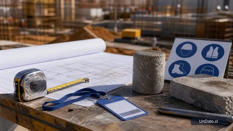 Plano de obra, cinta métrica, credencial de faena, muestra de hormigón y señalética de seguridad sobre una mesa industrial.