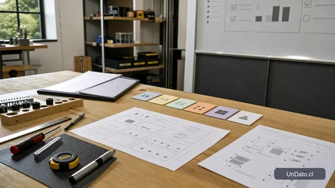 Mesa de evaluación con una prueba práctica impresa, tarjetas de competencias y herramientas del oficio junto a una pizarra de criterios.