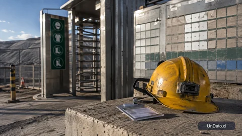 Panel de turnos 7x7 junto a un casco, una credencial laminada y señalética de acceso a faena en una caseta industrial.