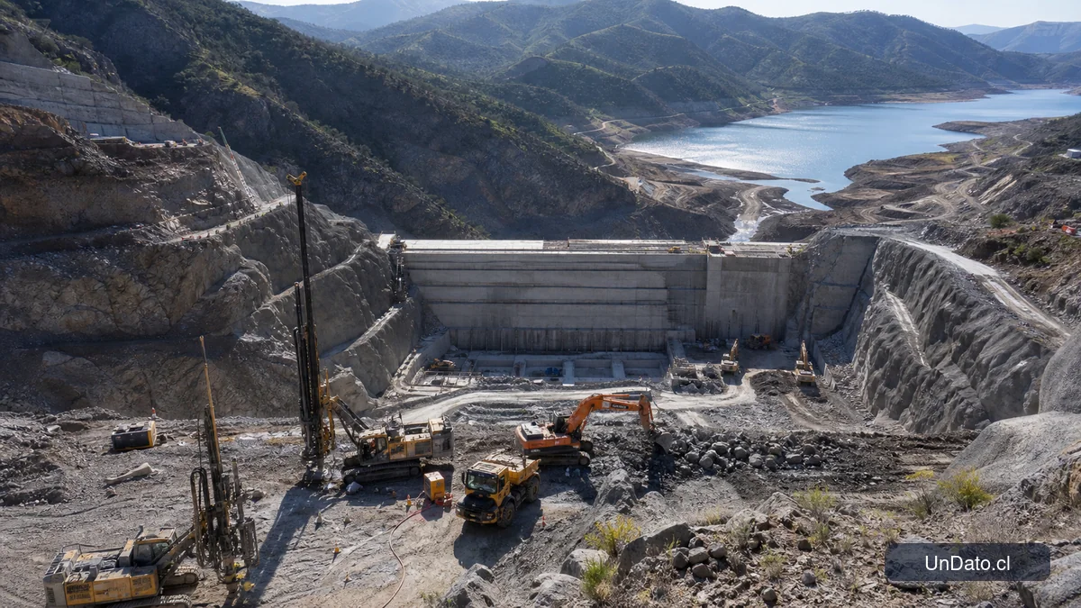 Obra de embalse en construcción con maquinaria pesada, terreno intervenido y marcas topográficas en un valle rural.