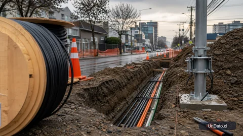 Zanja urbana con ductos de fibra óptica, cable en bobina, señalización de obra y un poste recién instalado en una calle de Concepción.