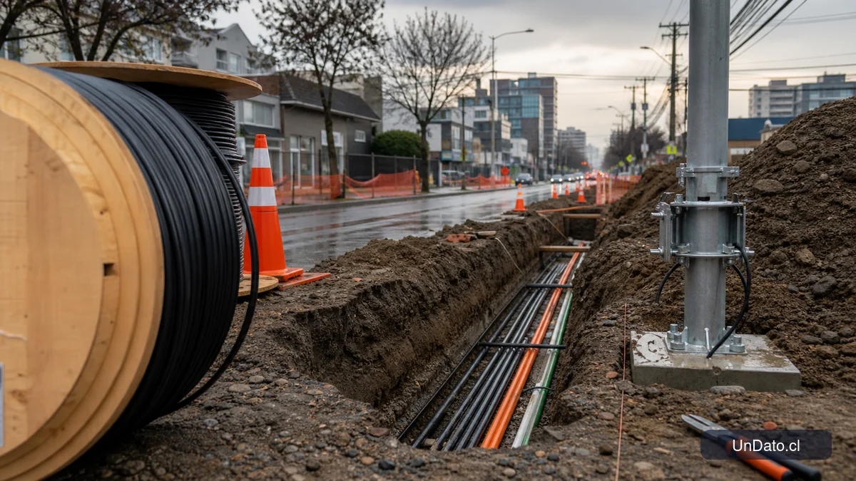 Zanja urbana con ductos de fibra óptica, cable en bobina, señalización de obra y un poste recién instalado en una calle de Concepción.