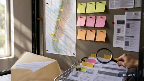 Tablero mural con mapa de Chile, notas de seguimiento, una lupa sobre vacantes y sobres de postulación ordenados.
