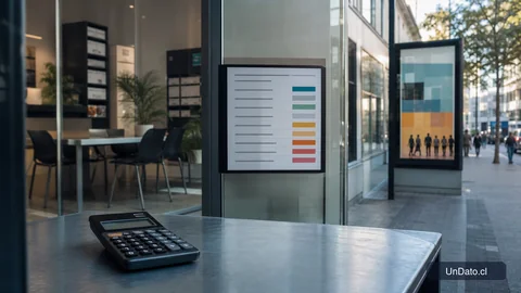 Panel de vacantes con un rango salarial visible, señalética de reclutamiento en una vitrina urbana y una calculadora sobre una mesa metálica.