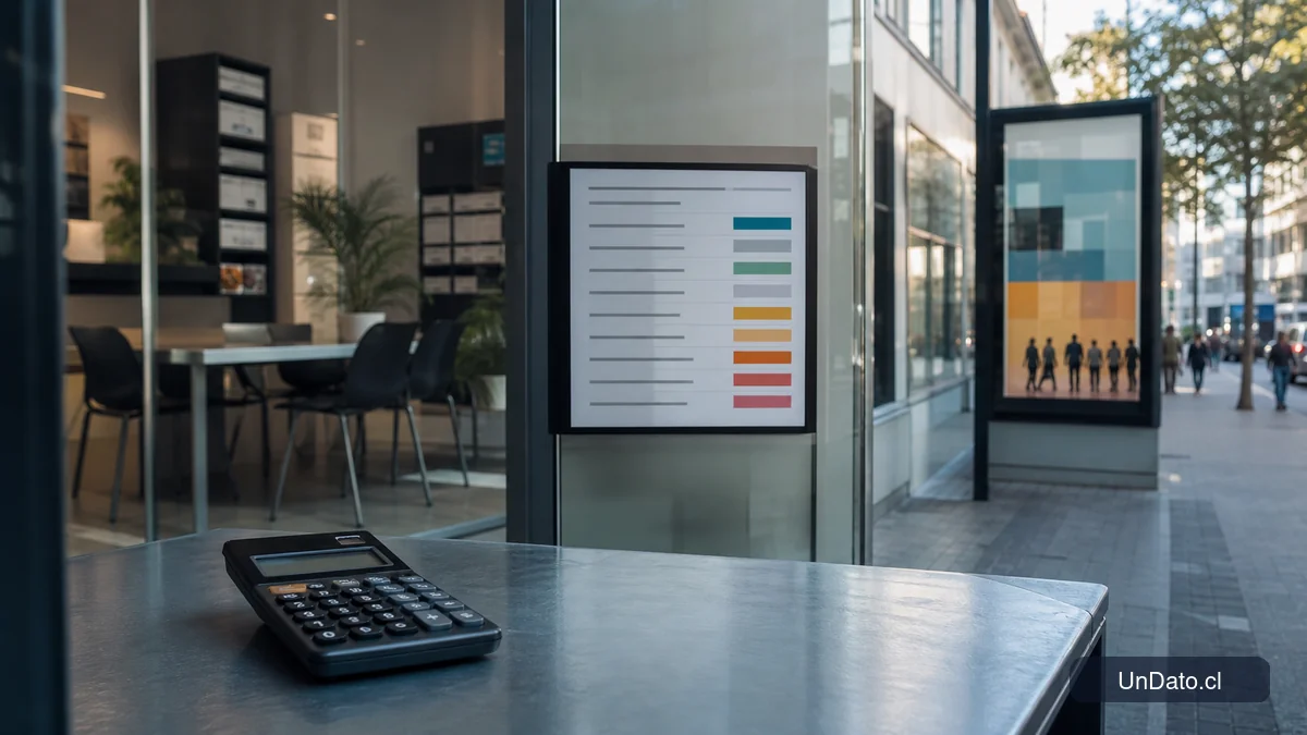Panel de vacantes con un rango salarial visible, señalética de reclutamiento en una vitrina urbana y una calculadora sobre una mesa metálica.