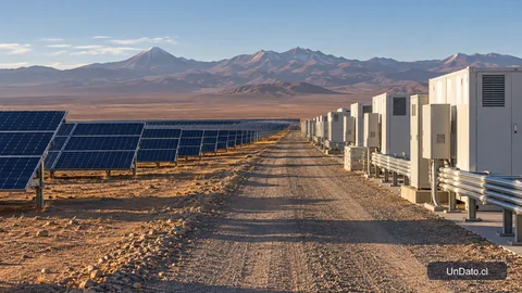 Paneles solares y contenedores de baterías industriales en un paisaje desértico de Atacama.