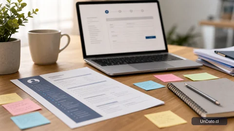Currículum impreso junto a una laptop con un formulario de postulación abierto y notas de ajuste de perfil.