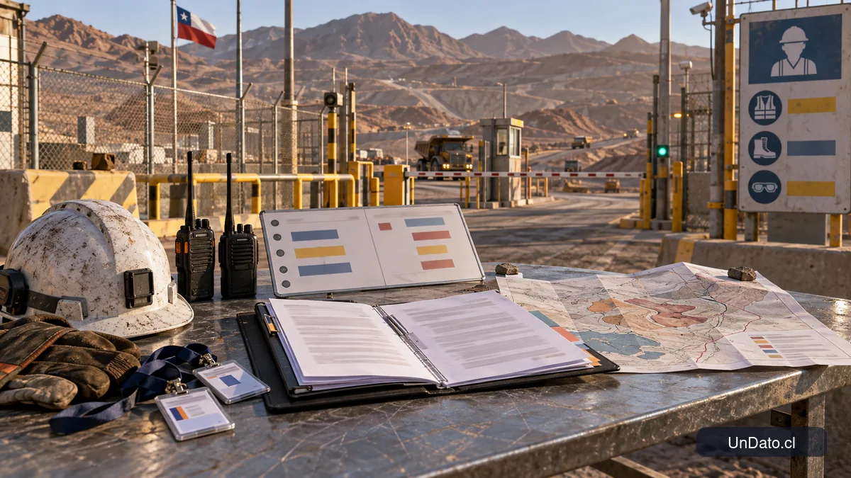 Pizarra de negociación colectiva junto al acceso controlado de una faena minera con señalética de turnos y documentos laborales