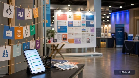 Pasillo de feria laboral con un panel de vacantes, tarjetas de habilidades y un teléfono con una lista de postulaciones.
