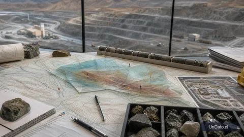 Mapa topográfico de una faena minera con capas geológicas y marcadores de riesgo.