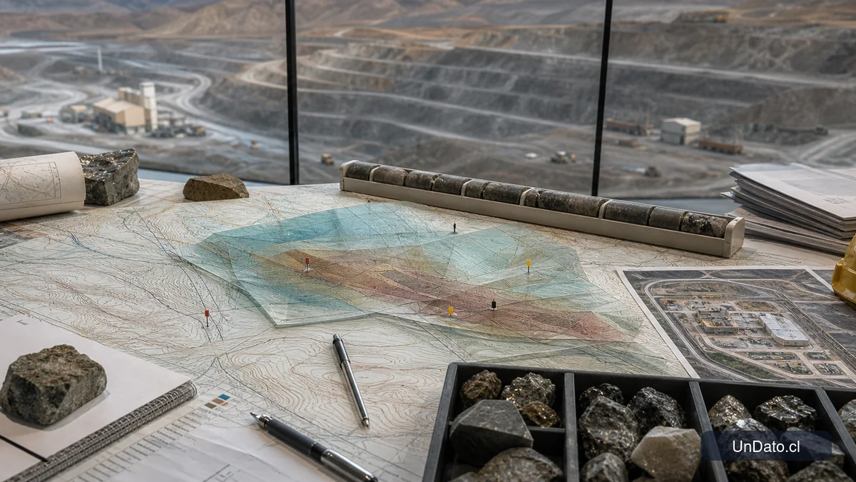 Mapa topográfico de una faena minera con capas geológicas y marcadores de riesgo.
