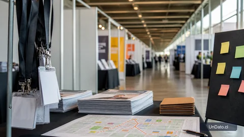 Un pasillo de feria laboral con stands, credenciales, folletos de vacantes y un mapa de recorrido.