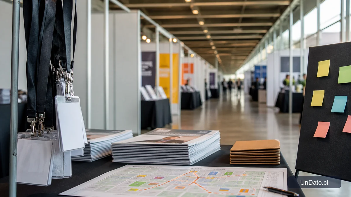 Un pasillo de feria laboral con stands, credenciales, folletos de vacantes y un mapa de recorrido.