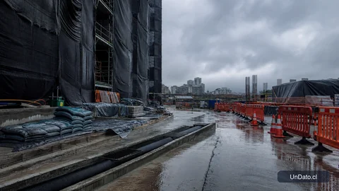 Obra de construcción preparada para lluvia con andamios cubiertos, sacos de arena, vallas de seguridad y canaletas visibles bajo un cielo nublado.