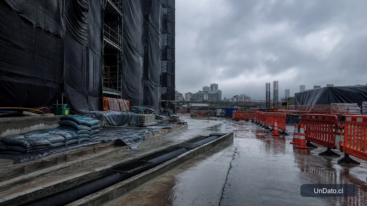 Obra de construcción preparada para lluvia con andamios cubiertos, sacos de arena, vallas de seguridad y canaletas visibles bajo un cielo nublado.