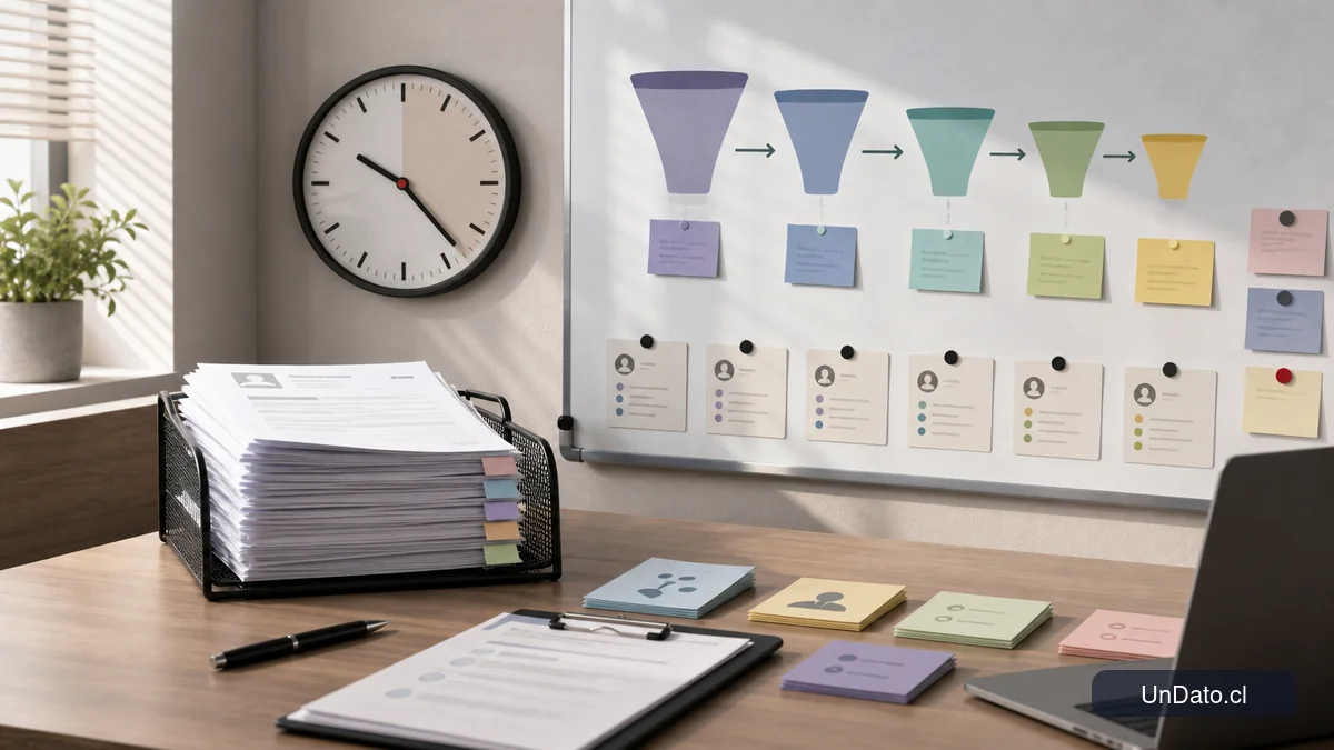 Escritorio con currículums, reloj y una pizarra con etapas de reclutamiento y vacantes abiertas