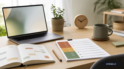 Escritorio ordenado con laptop, libreta con horarios, café y una lista de postulaciones priorizadas.