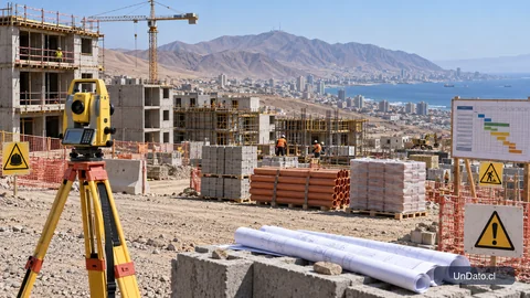 Faena habitacional en Antofagasta con estructuras de viviendas, instrumentos de topografía, materiales y señalética de seguridad