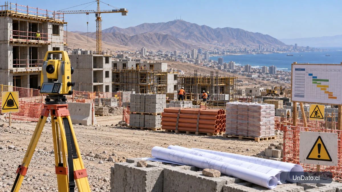 Faena habitacional en Antofagasta con estructuras de viviendas, instrumentos de topografía, materiales y señalética de seguridad