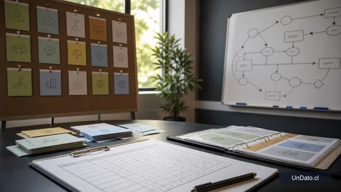 Sala de evaluación con una rúbrica, tarjetas de competencias, un flujo de entrevista en una pizarra y una carpeta con casos prácticos ordenados.