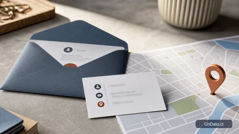Un sobre abierto junto a una tarjeta con nombre, correo y ciudad, con un pin de ubicación sobre un mapa urbano estilizado.