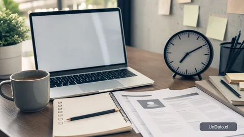 Escritorio de preparación para entrevistas con currículum, lista de chequeo, laptop y reloj