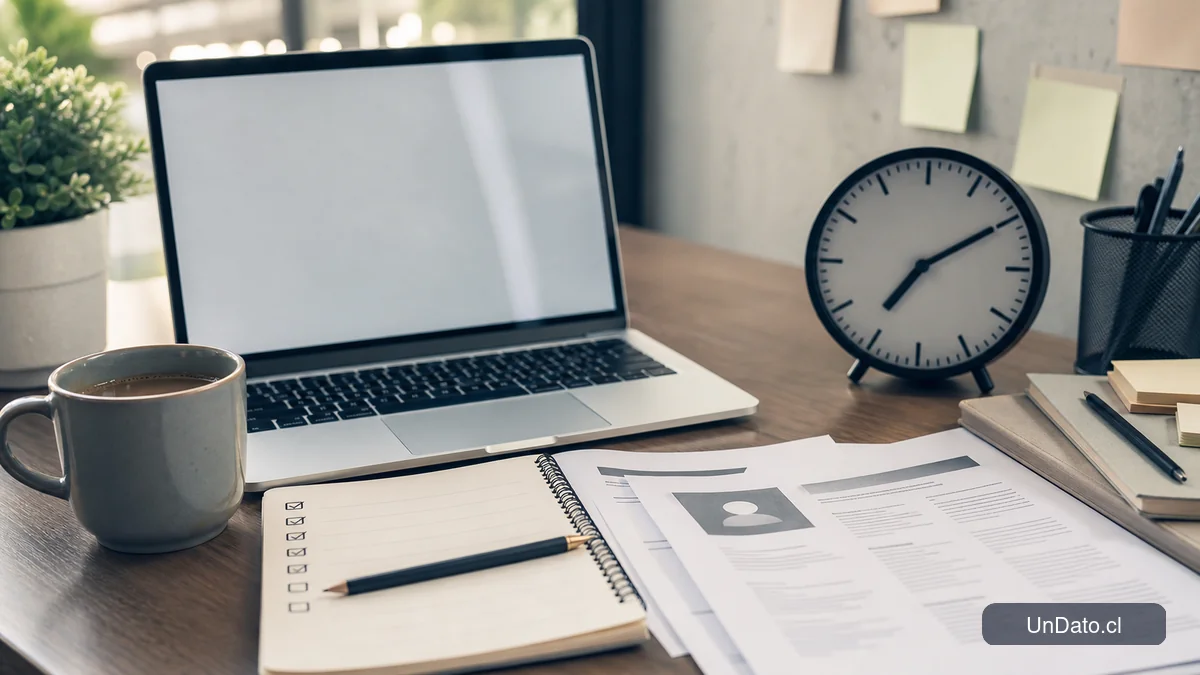 Escritorio de preparación para entrevistas con currículum, lista de chequeo, laptop y reloj