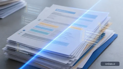 Documentos de postulación sobre una superficie neutra con una luz de escaneo azul y marcas de palabras clave resaltadas.