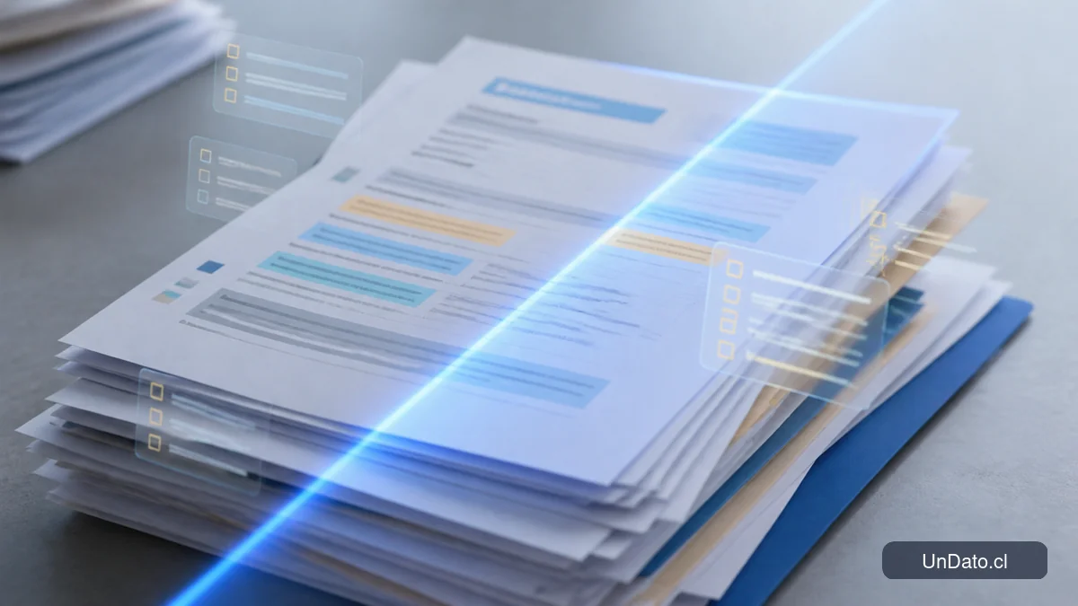 Documentos de postulación sobre una superficie neutra con una luz de escaneo azul y marcas de palabras clave resaltadas.