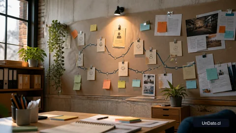 Mural de orientación laboral con tarjetas de habilidades, una ruta profesional y avisos destacados.
