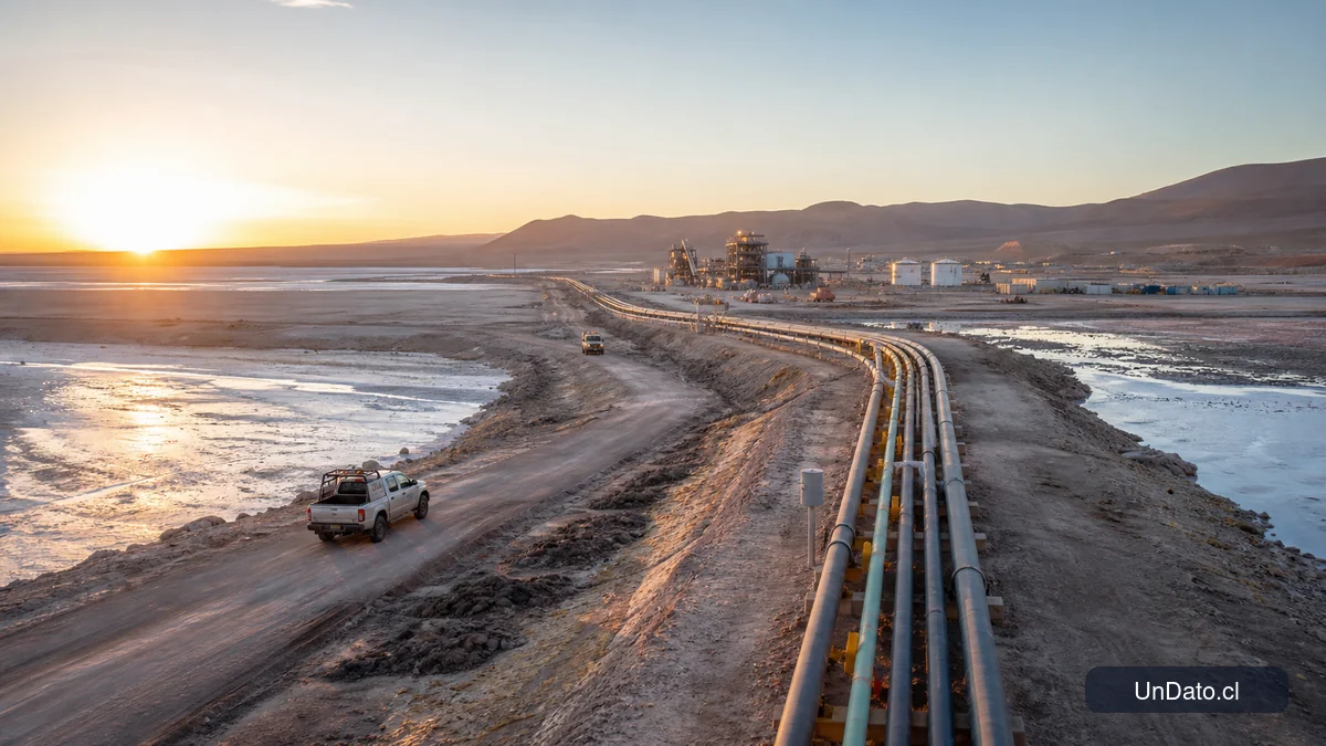 Paisaje industrial de un salar en el norte de Chile con tuberías, módulos de procesamiento y vehículos de servicio en el desierto.