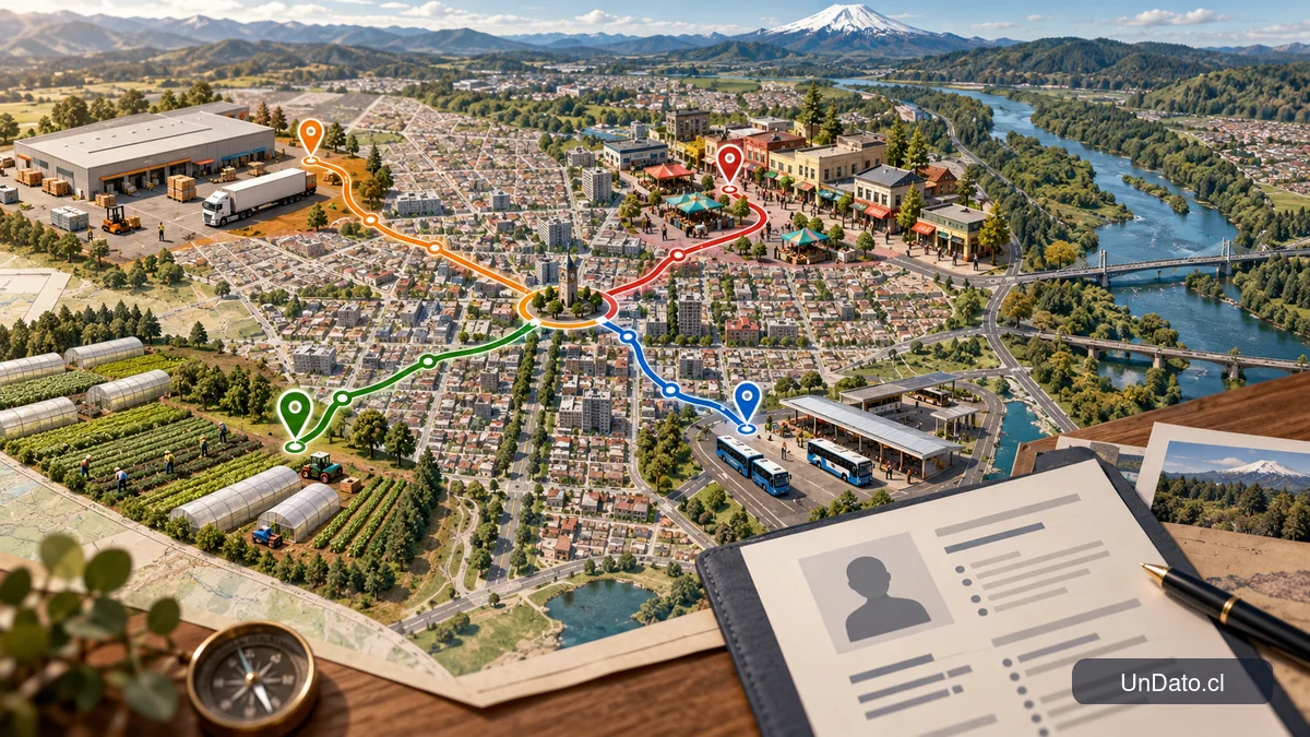 Mapa ilustrado de Temuco con rutas hacia sectores de empleo y una tarjeta de perfil profesional.