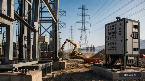 Estructura metálica en construcción junto a un brazo robótico de obra y un panel de control digital en una faena de infraestructura energética.