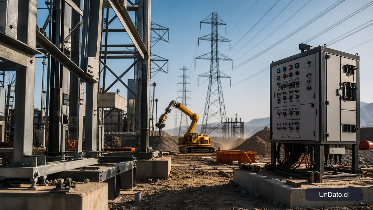 Estructura metálica en construcción junto a un brazo robótico de obra y un panel de control digital en una faena de infraestructura energética.