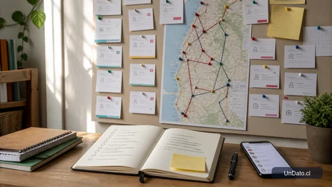 Tablero mural con tarjetas de búsqueda, un mapa con hilos, una libreta abierta y un teléfono con contactos.